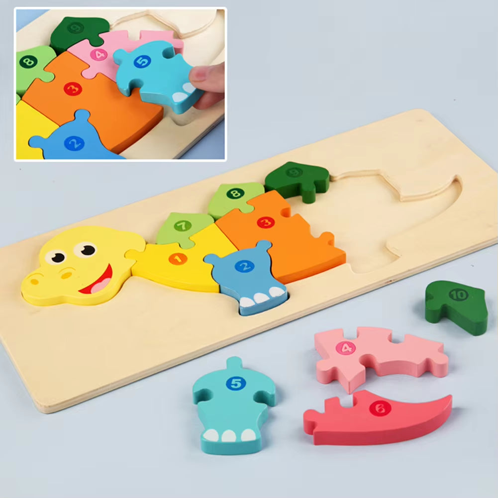 Wooden Puzzle Toy Lovely 3D Dinosaur Giraffe Animal Number Jigsaw for Children Kids Montessori Educational Toy