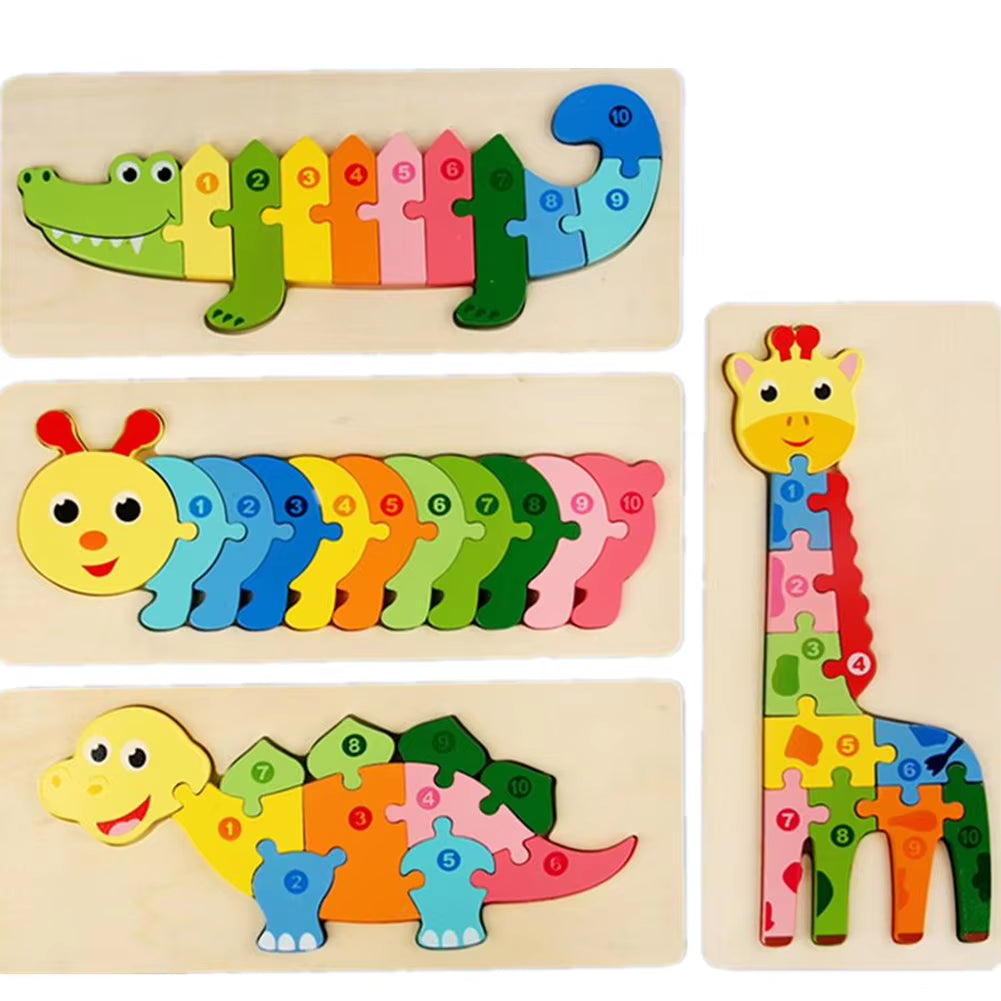 Wooden Puzzle Toy Lovely 3D Dinosaur Giraffe Animal Number Jigsaw for Children Kids Montessori Educational Toy